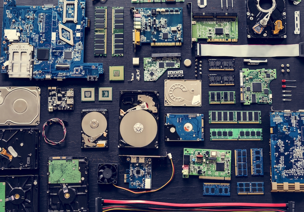 Aerial view of computer electronics components parts flatlay