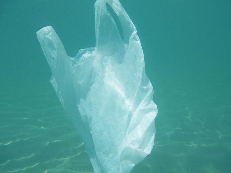 Plastic bag floating into the sea. Polluted enviromental. Recycle